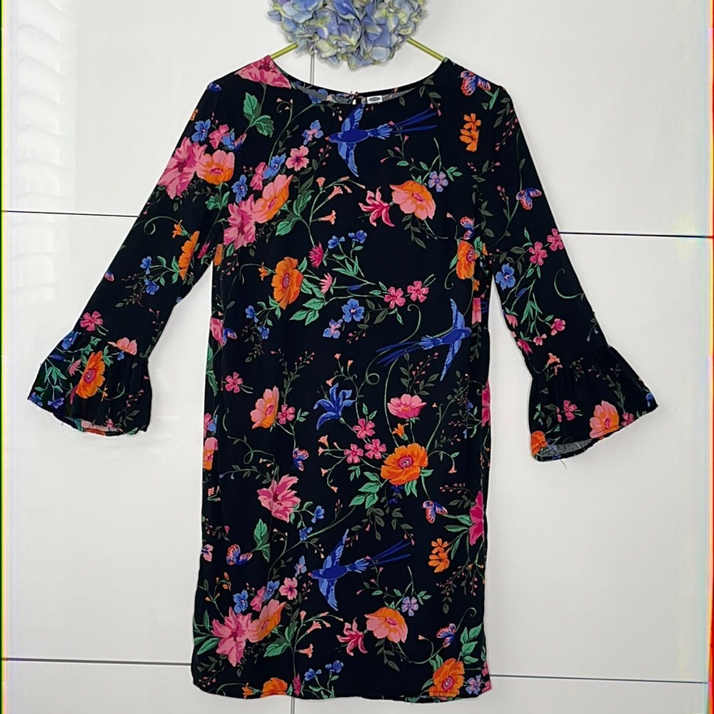 OLD NAVY Black Floral Pattern 100% Rayon Shift Dress